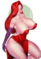 1girls arm_gloves arm_stockings artist_name ass barely_clothed bent_knees bokuman breasts_bigger_than_head cleavage clothed clothed_female disney dress erect_nipples_under_clothes eyeshadow hair_over_one_eye huge_ass huge_breasts jessica_rabbit large_ass light-skinned_female light_skin lipstick long_hair long_red_hair looking_at_viewer nipples_visible_through_clothing red_dress red_hair solo solo_female thick_thighs torpedo_breasts voluptuous who_framed_roger_rabbit wide_hips rating:Explicit score:171 user:Vertigo7