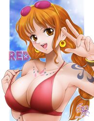 1girls big_breasts breasts brown_eyes cleavage deadlock8383 facial_markings female female_only halter_top nami one_piece one_piece_film_red orange_hair peace_sign smile solo twin_braids rating:Questionable score:58 user:lespam_605