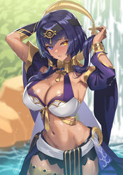 1girls breasts brown-skinned_female brown_skin candace_(genshin_impact) cleavage cuboon dark-skinned_female dark_skin egyptian egyptian_female female genshin_impact hair_ornament heterochromia large_breasts looking_at_viewer middle_eastern middle_eastern_clothing middle_eastern_female purple_eyes purple_hair swana swana_clothing swana_female sweating twintails wet wet_body yellow_eyes rating:Questionable score:194 user:Azure_Shadow