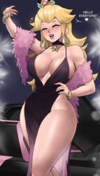 1girls big_breasts black_dress blonde_hair braless breasts choker closed_eyes clothed clothing crown curvy dress earrings echosaber female female_only hand_on_hip happy hi_res hips hourglass_figure limousine mario_(series) movie_theater nail_polish nails_painted nintendo no_bra no_panties no_watermark pink_nails princess princess_peach red_carpet royalty smile solo teeth teeth_showing thick thick_thighs thighs thin_waist tongue voluptuous_female rating:Questionable score:771 user:Azure_Shadow