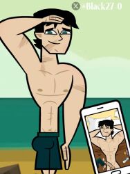  abs beach black27-0 black_hair disventure_camp gay male_only muscles muscular outside phone scar_on_face swimsuit tom_(disventure_camp) toony yaoi  rating:explicit score: user:bot