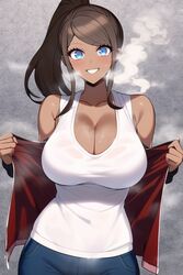 1girls ai_generated asahina_aoi blue_eyes blush brown_hair cleavage danganronpa danganronpa:_trigger_happy_havoc danganronpa_1 dark_skin large_breasts looking_at_viewer nai_diffusion ponytail red_jacket shorts smile stable_diffusion steam sweat tan tank_top track_jacket white_shirt rating:Explicit score:351 user:Good_Intentions1116