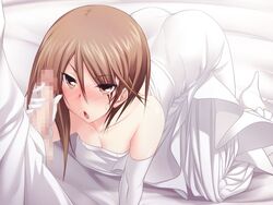 1boy 1girls all_fours asymmetrical_hair bangs bed_sheet blush breasts brown_eyes brown_hair censored cleavage collarbone dress elbow_gloves female game_cg gloved_handjob gloves hair_between_eyes handjob high_heels kawagishi_keitarou light-skinned_female light-skinned_male light_skin long_dress long_hair maji_de_watashi_ni_koi_shinasai! mosaic_censoring open_mouth oshitari_azumi penis shiny shiny_hair small_breasts straight strapless strapless_dress sweatdrop wedding_dress white_dress white_footwear white_gloves rating:Explicit score:21 user:bot