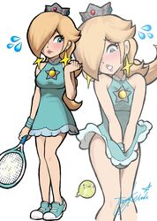 1girls 2d 2d_(artwork) big_breasts blonde_hair blue_eyes blush brooch cute dress dress_tug embarrassed female female_only hair_over_one_eye holding_skirt holding_skirt_down mario_(series) mario_tennis minidress miniskirt nintendo princess_rosalina shoulderless_dress sole_female solo_female sweat sweatband tennis_ball tennis_racket tennis_uniform yamino_ekakinin rating:Questionable score:79 user:Toalbooth_