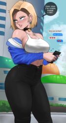 1girls absurd_res android_18 blonde_hair blue_eyes breasts denim denim_bottomwear denim_clothing denim_jeans dragon_ball dragon_ball_super dragon_ball_z echosaber female hi_res hips holding_object jeans large_breasts light-skinned_female light_skin phone sexting short_hair slim_waist thick_thighs thighs wide_hips rating:Safe score:674 user:Azure_Shadow