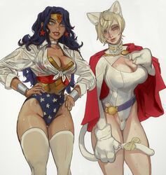 2022 2girls absurd_res amazon animal_ears big_breasts blonde_hair blouse blue_eyes breasts cat_ears cat_tail choker cleavage cleavage_cutout dark-skinned_female dark_blue_hair dark_skin dc dc_comics diana_prince earrings eyelashes eyeliner eyeshadow female female_only hi_res karen_starr kryptonian leotard light-skinned_female light_skin lingerie lipstick long_hair makeup mossa power_girl see-through shirt short_hair star_earrings stockings superman_(series) sweat tail thick_thighs white_background wide_hips wonder_woman wonder_woman_(series) rating:Explicit score:350 user:Tronitrus