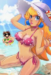 1boy 1girls ball beach bikini blonde_hair blue_eyes brown_hair character_in_background choker delux earrings female female_focus hat hi_res inflatable long_hair looking_at_viewer male mario mario_(series) nintendo pink_lipstick princess_peach seaside solo_focus summer_hat sunglasses rating:Questionable score:57 user:!nner$elf89