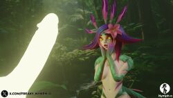  3d artist_logo artist_name blue_hair cock cock_shock cock_worship curious erection female forest glowing_genitalia glowing_penis hair_flower hair_ornament horny_female imminent_fellatio imminent_oral jungle large_penis league_of_legends naked naked_female necklace neeko nymph-o open_mouth outdoors penis penis_awe riot_games straight uncensored yellow_eyes  rating:explicit score: user:bot