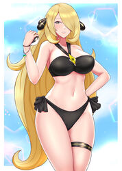 1girls bikini black_bikini black_swimsuit blonde_hair bracelet breasts cynthia_(pokemon) grey_eyes hair_ornament hair_over_one_eye holding_poke_ball kaos_art large_breasts long_hair looking_at_viewer mega_stone midriff milf navel nintendo pokeball pokemon pokemon_dppt side-tie_bikini side-tie_swimsuit swimsuit thigh_strap ultra_ball z-crystal rating:Explicit score:148 user:gusat