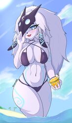 2022 anthro beverage bikini blue_eyes bovid breasts caprine cleavage clothed clothing container cup deng_keon female fur hi_res kindred lamb_(league_of_legends) league_of_legends liquid mammal mask one_eye_obstructed riot_games sheep solo summer video_games white_body white_fur rating:Explicit score:109 user:bot