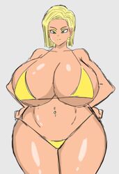 1girls alternate_breast_size android android_18 bare_shoulders belly belly_button_piercing big_breasts bikini bimbo blonde_hair blue_eyes breasts busty cleavage clothing collarbone curvy dragon_ball dragon_ball_z earrings eyelashes eyeshadow female female_focus female_only g-string grey_background hand_on_hip highres hips hourglass_figure huge_breasts humanoid jewelry large_breasts lips lipstick looking_at_viewer makeup mature_female medium_hair micro_bikini milf momiji_(artist) navel navel_piercing piercing pinup revealing_clothes shiny_skin sideboob simple_background sketch skimpy skimpy_bikini skimpy_clothes smile smiling solo solo_female swimsuit tan_skin tanned tanned_skin thick thick_thighs thighs thong tight_clothing underboob venus_body voluptuous wide_hips yellow_lipstick rating:Explicit score:105 user:Elxuxeta