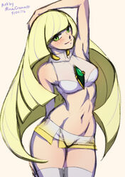 1girls 2016 blonde_hair breasts crop_top dated green_eyes halterneck hand_on_head long_hair looking_at_viewer lusamine_(pokemon) medium_breasts microskirt midriff milf minacream navel nintendo pokemon pokemon_sm skirt thighhighs rating:Explicit score:70 user:gusat