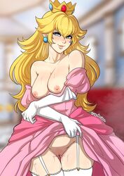 1girls ass_visible_through_thighs blonde blonde_female blonde_hair breasts dress dress_lift female female_only garter_straps gloves heart-shaped_pupils kinkymation lifted_by_self looking_at_viewer mario_(series) medium_breasts nintendo nipples pink_dress princess_peach pussy solo solo_female super_mario_bros. thigh_gap undressing wet rating:Explicit score:287 user:EricCottle