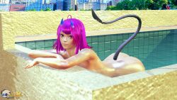  3d_(artwork) ass_cleavage city_background cosmixlewds daytime female highres honey_select honey_select_2 light-skinned_female lighting nude_female original_character outdoors pool purple_eyes purple_hair realistic rosetta_valliere_(cosmixlewds) shiny_skin starling_heroes succubus succubus_horns succubus_tail water watermark  rating:explicit score: user:bot