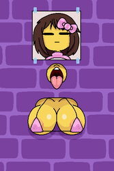 bikini bikini_top bow breasts brown_hair clothing frisk glory_hole open_mouth shy_jaz through_wall undertale undertale_(series) yellow_body rating:Explicit score:36 user:Shy_Jaz