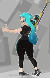 ass blue_eyes blue_hair clothed dodo-bot inkling inkling_girl looking_at_viewer looking_back solo splatoon splatoon_(series) splatoon_3 thick_ass thumbs_up tight_pants rating:Explicit score:88 user:Iamadeadspacefan