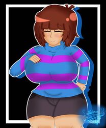 2022 big_breasts brown_hair brown_hair_female clothed clothed_female fingernails frisk hand_on_breast red_fingernails scribbleman123 shorts smile smiling smiling_at_viewer thick_thighs undertale undertale_(series) rating:Questionable score:21 user:reese66