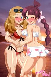 2girls abs artist_name ass beach big_breasts bikini blonde blonde_hair blue_eyes blush blushing chloe_(pokemon) duo female_focus female_only game_freak green_eyes hourglass_figure long_blonde_hair long_hair looking_at_viewer looking_back_at_viewer nintendo pink_hair pink_hair_female pk-studios pokemon pokemon_(anime) pokemon_journeys pokemon_xy red_bikini red_swimsuit red_swimwear serena_(pokemon) sideboob sunset swimsuit swimwear thick_thighs white_bikini wink winking winking_at_viewer rating:Explicit score:100 user:Mangosatsu