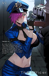 1boy 1girls alternate_costume black_gloves blue_eyes blush cap cops_and_robbers_series dark-skinned_male dark_skin female_focus gloved_handjob gloves handjob hat high_resolution highres interracial league_of_legends light-skinned_female light_skin looking_at_viewer male mechanical_arm mr.skull officer_vi penis pink_hair police_uniform policewoman ratatatat74 riot_games short_hair the_grind_series translation_request vi rating:Explicit score:261 user:LordNice