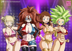 4girls abs android_21 arm_sleeves bangs bikini black_legwear blonde_hair blue_eyes blush breasts brown_hair brunette cleavage clothes club crossover double_bun dragon_ball dragon_ball_fighterz dragon_ball_super dragon_ball_z earrings elbow_gloves franfuentesart2 gloves green_hair highres himiko_toga kefla large_breasts legwear long_hair looking_at_viewer mouth_open multiple_girls muscular_female my_hero_academia navel_piercing nightclub ochako_uraraka orange_hair redhead short_hair shorts sideboob sidelocks skindentation skirt smile spiky_hair swimsuit thick_thighs thighhighs thong toned_female underboob underwear watermark wrist_cuffs rating:Questionable score:153 user:Idkwat2namemyself