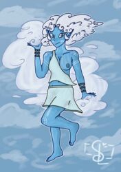  1girls adorable air_genasi barefoot blue_skin breasts_out casual_nudity clothed cloud_hair clouds elemental_humanoid feet female genasi mostly_clothed oc one_breast_out skirt sunnyloves thighs ven ven_(sunnyloves) vendala vendala_(sunnyloves) white_hair  rating:questionable score: user:sunnyloves