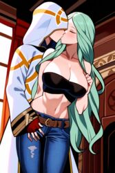 ai_generated belt black_strapless fingerless_gloves fire_emblem fire_emblem:_three_houses fire_emblem_heroes hug_from_behind jeans kiran_(fire_emblem) kiran_(fire_emblem)_(male) kiss_from_behind kissing midriff nai_diffusion nintendo rhea_(fire_emblem) stable_diffusion strapless rating:Explicit score:16 user:Makoto11037