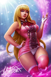 1girl big_breasts blonde_hair breasts curvy emilie_de_rochefort female fingerless_gloves gloves hand_on_own_hip heroharborx long_hair looking_at_viewer plump purple_eyes short_sleeves solo standing tekken tekken_8 thick_thighs thighs very_long_hair wide_hips rating:Questionable score:16 user:sedemsto