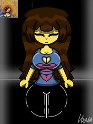 big_breasts big_thighs brown_hair cleavage closed_eyes colored frisk hourglass_figure long_hair smile smiling thick_thighs undertale undertale_(series) rating:Explicit score:15 user:reese66