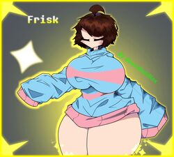 1girls beambobblox big_breasts breasts_bigger_than_head brown_hair closed_eyes female female_only frisk hourglass_figure huge_breasts thick_thighs undertale undertale_(series) rating:Explicit score:83 user:Miguel16310