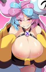 1girls alternate_breast_size big_breasts blue_and_pink_hair blue_eyes breasts busty clothed clothed_female eye_contact fancy_shmancy_hair_clips female female_focus female_only fully_clothed game_freak gym_leader hair_ornament huge_breasts human human_only iono_(pokemon) konno_tohiro large_breasts light-skinned_female light_skin long_hair looking_at_viewer multicolored_hair nintendo pink_eyes pink_hair pokemon pokemon_(game) pokemon_sv sharp_teeth shiny_skin simple_background smile solo striped_panties thick_thighs two_tone_hair rating:Questionable score:393 user:Thebuki