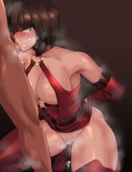 1boy 1girls big_breasts cum cum_drip cum_in_mouth dark-skinned_male dark_skin fellatio guilty_gear highres i-no light-skinned_female light_skin oral pizzalover12 pussy pussy_juice squatting rating:Explicit score:113 user:bot