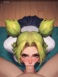  1boy 1boy1girl _on_floor ai_generated big_penis blowjob carpet deepthroat fellatio female from_above frowning green_hair league_of_legends league_of_legends:_wild_rift light-skinned_female light-skinned_male light_skin looking_at_viewer nose_blush oral oral_sex penis riot_games school_uniform shomiai stable_diffusion twintails twintails_(hairstyle) wooden_floor zeri_(league_of_legends)  rating:explicit score: user:bot