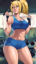 1girls abs athletic_female blonde_hair blue_eyes booty_shorts breasts cleavage echosaber female fit_female gym hi_res hips indoors large_breasts light-skinned_female light_skin long_hair metroid muscular muscular_female nintendo samus_aran short_shorts shorts sideboob slim_waist sports_bra sportswear sweat sweaty_body thick_thighs thighs toned toned_female towel wide_hips rating:Questionable score:406 user:Azure_Shadow