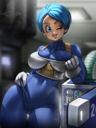 1girls armor battle_armor big_breasts blue_eyes blue_hair bodysuit breasts bulma_briefs cameltoe dragon_ball dragon_ball_super dragon_ball_z drink ear_piercing elitenappa female female_only human indoors laboratory looking_at_viewer milf nipples_visible_through_clothing piercing pussy_visible_through_clothes refrigerator saiyan_armor smile solo thick_thighs vegeta_(cosplay) wide_hips wink winking rating:Questionable score:435 user:Rex_Hollins