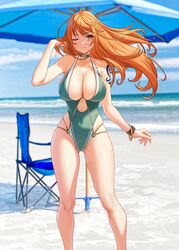 1girls beach big_breasts breasts brown_eyes busty chair choker cleavage curvy female female_only log_pose nami one-piece_swimsuit one_piece orange_hair post-timeskip sand seaside shoulder_tattoo solar_(happymonk) solo swimsuit swimwear tattoo thick_thighs umbrella water rating:Questionable score:194 user:lespam_605