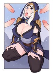 1girls 4boys ashe_(league_of_legends) big_breasts blue_eyes blush bukkake cleavage hood kneeling league_of_legends league_of_legends:_wild_rift mmmmf_fivesome multiple_boys nipples_visible_through_clothing on_knees penis riot_games splashbrush thighhighs white_hair rating:Explicit score:190 user:Make_Me_Your_Slut