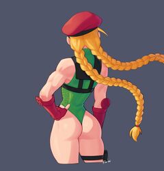 1girls armwear ass back_view blonde_hair braided_ponytail butt cammy_white capcom female female_only grey_background hand_on_hip hi_res leotard long_hair ponytails rob_ishi solo street_fighter street_fighter_ii thong_leotard rating:Questionable score:78 user:!nner$elf89