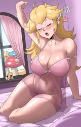 1girls bedroom blonde_hair blue_eyes breasts echosaber female female_only hi_res hips huge_breasts indoors light-skinned_female light_skin lingerie long_hair mario_(series) mushroom nintendo pink_lingerie princess_peach slim_waist stretching super_mario_bros. thick_thighs thighs waking_up wholesome wide_hips yawn yawning rating:Questionable score:825 user:Azure_Shadow