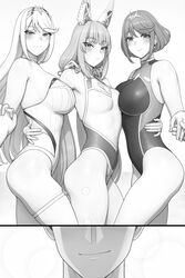 1boy 3girls blush breast_size_difference breasts canon_polyamory cat_ears catgirl choker eyes_out_of_frame foursome imminent_foursome imminent_sex lvl_(sentrythe2310) mythra nia nia_(blade) nia_(xenoblade) pyra rex_(xenoblade) short_hair smirk swimsuit thighs trio_focus xenoblade_(series) xenoblade_chronicles_2 xenoblade_chronicles_3 rating:Questionable score:208 user:GelbooruAlt