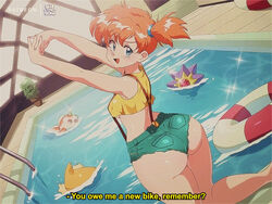 armpits arms_up ass blue_eyes bluethebone booty_shorts bottom_heavy breasts bubble_butt creatures_(company) english_text female from_behind game_freak gen_1_pokemon goldeen highres huge_ass indoors innertube kasumi_(pokemon) kneeling legs looking_at_viewer looking_back midriff nintendo open_mouth orange_hair pokemon pokemon_(anime) pokemon_(classic_anime) pool psyduck retro_artstyle short_shorts shorts side_ponytail sleeveless small_breasts smile starmie stretching suspender_shorts suspenders tank_top that_pool thick_thighs thighs underboob water rating:Questionable score:126 user:Misty_lover