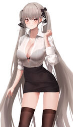 1girls 2022 absurd_res absurdres alternate_costume azur_lane big_breasts black_ribbon black_skirt blouse bra bra_visible_through_clothes breasts brown_thighhighs cleavage eyelashes eyeliner female female_focus female_only formidable_(azur_lane) grey_hair hi_res highres jynack_(nackjy09/gadeung_hye) large_breasts light-skinned_female light_skin lingerie long_hair looking_at_viewer makeup miniskirt office_lady partially_unbuttoned pencil_skirt red_eyes ribbon royal_navy_(azur_lane) see-through see-through_shirt shirt simple_background skirt solo solo_female standing stockings thighhighs twintails two-tone_ribbon very_long_hair white_background white_ribbon white_shirt wing_collar zettai_ryouiki rating:Questionable score:134 user:St1rolvamp3ler