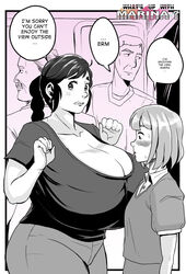 2girls against_wall big_breasts blush breast_size_difference cleavage english_text exhibitionism female female_only gigantic_breasts harorlood huge_breasts kaori_(harorlood) looking_at_breasts marina_(harorlood) ogling original original_character public small_breasts staring staring_at_breasts yuri rating:Explicit score:75 user:masx