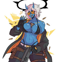 bikini bikini_top blue_skin demon_girl demon_horns guilty_gear guilty_gear_strive gun halo happy_chaos horn horns jacket jeans lipstick loggus_doggus messy_hair orange-tinted_eyewear pants revolver rule_63 short_hair skinny_jeans sunglasses tattoo tattoos thong tinted_eyewear white_hair rating:Questionable score:102 user:Log_draws