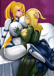 2022 2girls armor armour asadmandraws blonde_hair bodysuit breast_sucking commission crossover female huge_breasts human interspecies league_of_legends marai mermaid metroid monster_girl nami_(league_of_legends) ponytail samus_aran yuri zero_suit zero_suit_samus rating:Questionable score:30 user:Lungdrakkar