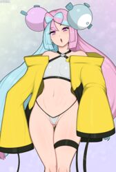 1girls afrobull blue_and_pink_hair blush breasts cameltoe clothing eye_contact female game_freak gym_leader hair_ornament happy hat human iono_(pokemon) jacket light_blue_hair light_skin long_hair looking_at_viewer nintendo pink_eyes pink_hair pokemon pokemon_(game) pokemon_sv sharp_teeth skimpy_clothes small_breasts smile solo standing sweat sweatdrop thick_thighs thighs thong two_tone_hair rating:Questionable score:244 user:Yappomi