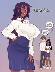 1boy 2girls annoyed black_nagatoro_(mahmapuu) black_president_(nagatoro) blackwashed blue_skin bowtie cropped_legs dark-skinned_female dark_skin dialogue dreadlocks english_text envy female hairlocs hand_on_hip hayase_nagatoro huge_breasts interracial long_nails long_sleeves mahmapuu male multiple_girls naoto_hachioji_(senpai) please_don't_bully_me,_nagatoro pleated_skirt president_(nagatoro) race_swap sana_sunomiya school_uniform standing text rating:Questionable score:354 user:animeboy12