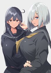 2girls ahoge alternate_color black_hair black_hair_female black_neckerchief black_sailor_collar black_school_uniform black_serafuku blank_background blue_eyes blue_eyes_female breasts brown_eyes brown_eyes_female closed_mouth fingernails fully_clothed grey_hair grey_hair_female hair_between_eyes hair_ornament hairclip hamakaze_(kantai_collection) hi_res high_resolution highres huge_breasts kantai_collection kloah lip_gloss long_hair long_sleeves looking_at_viewer looking_to_the_side multiple_females multiple_girls neckerchief parted_lips plain_background playing_with_own_hair sailor_collar school_uniform schoolgirl_uniform schoolgirls serafuku shiny_lips short_hair sideboob simple_background smile smiling_at_viewer upper_body ushio_(kantai_collection) voluptuous white_background yellow_neckerchief rating:Safe score:87 user:ron50