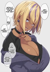 ! 13 1girls ? asking asking_a_question bakunyuu birthmark black_choker black_neckwear black_shirt blonde_female blonde_hair blonde_hair_female breasts brown_fingernails brown_nail_polish brown_nails bursting_breasts button_gap buttoned_shirt choker cleavage dark-skinned_female dark_skin dialogue earrings english english_text eye_contact female_focus fingernail_polish fingernails ganguro glossy_lips gyaru hair_behind_ear hard_translated head_tilt hi_res high_resolution highres huge_breasts jewelry kloah kogal kuro_gyaru lip_gloss lips looking_at_viewer mole mole_on_breast multicolored multicolored_hair neckwear open_mouth original original_character plain_background pov purple_eyes purple_hair purple_streak purple_sweater seductive seductive_eyes seductive_look seductive_smile shinokami_xatiii_(kloah) shiny_breasts shiny_lips shiny_skin shirt simple_background skull skull_earrings smile smiling_at_viewer solo solo_female speech_bubble speech_bubbles straining_buttons streaked_hair sweater talking talking_to_viewer tan tanned tanned_female tanned_girl tanned_skin text top_heavy_breasts two_tone_hair up_close voluptuous voluptuous_female white_background rating:Questionable score:316 user:ron50