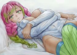 1girls 2020s 2021 absurd_res beauty_mark bed_sheet big_breasts blouse breasts cleavage collared_shirt demon_slayer erect_nipples eyelashes eyeliner eyeshadow female female_only gradient_hair green_eyes green_hair green_socks green_thighhighs hi_res iskanderednaksi kanroji_mitsuri kimetsu_no_yaiba large_breasts long_hair looking_at_viewer lying makeup mole mole_under_eye multicolored_hair no_pants on_back partially_unbuttoned pink_hair pose shirt simple_background socks solo thigh_socks thighhighs tri_braids unbuttoned unbuttoned_shirt white_shirt rating:Questionable score:185 user:Gonpachiro