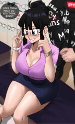 1boy 1girls black_hair chichi clothed dialogue dragon_ball dragon_ball_z drip_goku echosaber english_text female glasses hi_res hips large_breasts light-skinned_female light-skinned_male light_skin male mature_female milf mother short_hair shounen_jump slim_waist smile son_goku text thick_thighs thighs wide_hips rating:Questionable score:607 user:Azure_Shadow